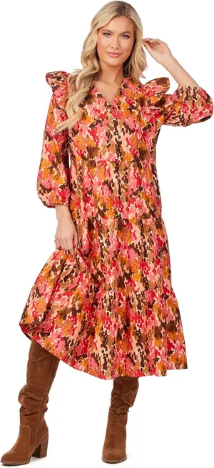 Mudpie V-Neck Ruffle Detail Patterned Midi Dress Pink Orange Multi thumbnail 2
