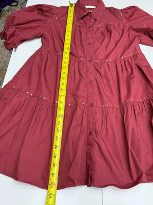 Tiered Puff-Sleeve Mini Dress in Burgundy size S thumbnail 9