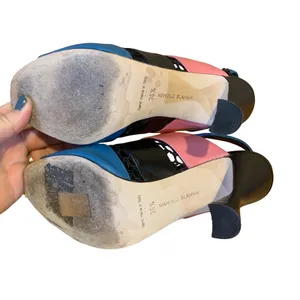 Manolo Blahnik "Aspendum" Black, Blue & Pink Leather W/Mesh Heels (36.5) thumbnail 7