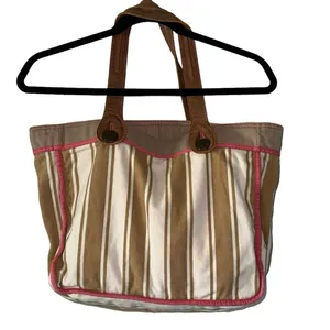 Gap Y2K Reversible Canvas Tote Bag Leather Handles‎ Pink Trim Striped thumbnail 4