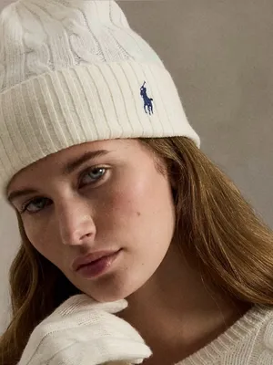 Polo Ralph Lauren beige cable knit beanie hat with embroidered pony wool blend thumbnail 2