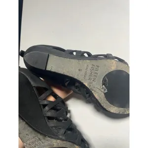 Eileen Fisher‎ Wedge Sandals Cage 6 Black Leather Caged Strappy Zip Back Heels thumbnail 6