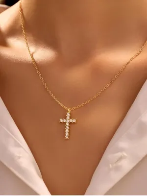 Gold Alloy Crystal Cross Pendant Necklace Cable Chain Lobster Clasp 15.75" Adj thumbnail 1