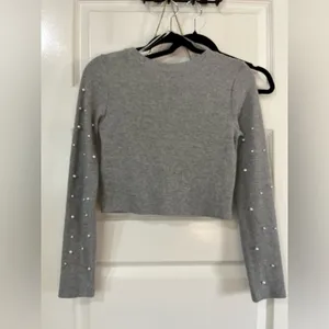 Zara Light Gray Pearl-Studded Cardigan Sweater Sz M thumbnail 3