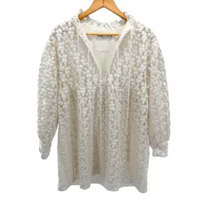 Zara White Floral Embroidered Babydoll Mini Dress V-Neck Tie Balloon Sleeve XS thumbnail 3