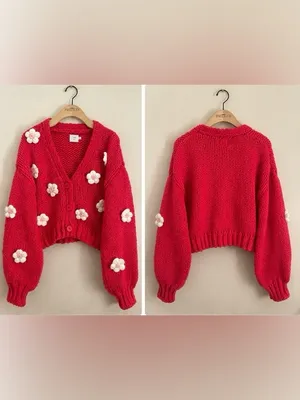 Luna Ivy Chunky Knit Flower Appliqué Cardigan Sweater Red Pink M Cottagecore thumbnail 3