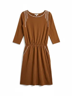 Garnet Hill Knit Dress Womens Small Brown Embroidered Elastic Waist thumbnail 5