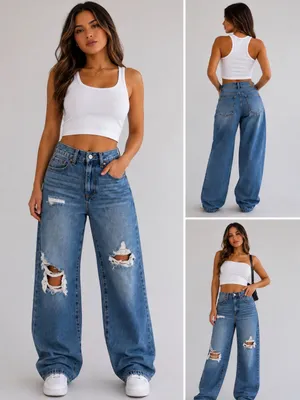 RSQ Medium Blue High-Rise Wide Leg Distressed Jeans thumbnail 2