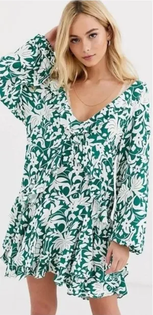 Free People Rebecka Floral Ruffled Mini Dress Size Medium Emerald Green thumbnail 1