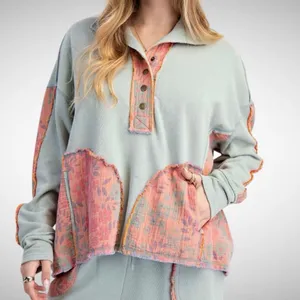Easel Oversized Flower Patchwork Mock Neck Terry Knit Top in Sage Size S thumbnail 1