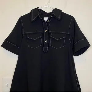 GANNI NEW Sable Topstitch Crepe Swing Button Front Mini Dress Black Sz 36 SNAGS thumbnail 5