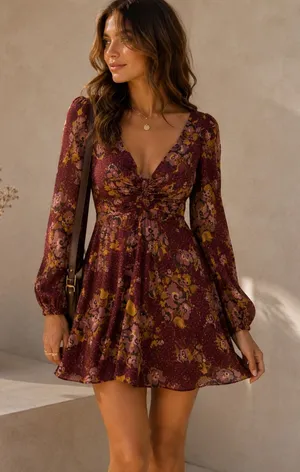 Free People Red Floral Balloon Sleeve Mini Dress Womens 2 Peasant Satin Burgundy thumbnail 1