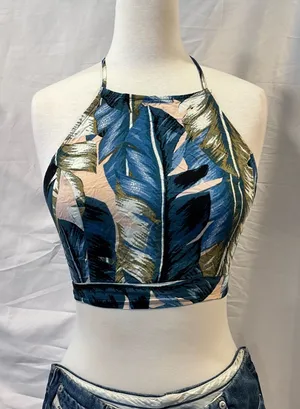 Lulus Back to Your Roots Teal Blue Leaf Print Two-Piece Maxi Dress Top thumbnail 1
