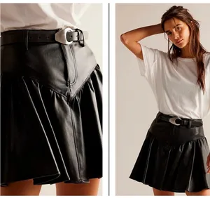 Free People We the free black faux leather pleated mini skirt thumbnail 4
