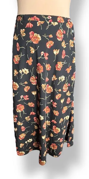 Vintage‎ 90s Halston Black Red Dark Floral Maxi Skirt Side Button Size 12 Fall thumbnail 1