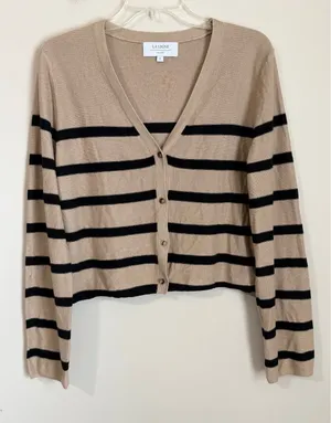 La Ligne Cardigan Women Size S Tan Black Striped Linen Cropped V-Neck thumbnail 1