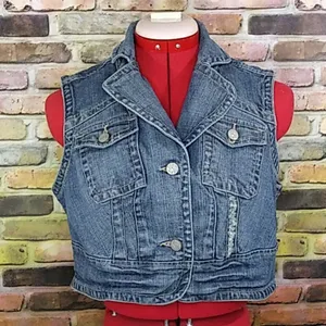 Miss Bisou Destroyed Denim Crop Vest Sz L thumbnail 2