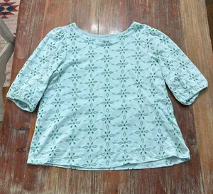 J. JILL Mint Green Eyelet Floral Embroidered Top 3/4 Sleeve Knit Blouse M thumbnail 1