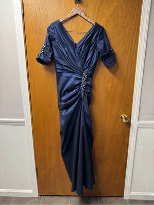 Tadashi Shoji Side Ruched Jeweled Beaded Long Maxi Gown Dress Navy Blue 8 thumbnail 13