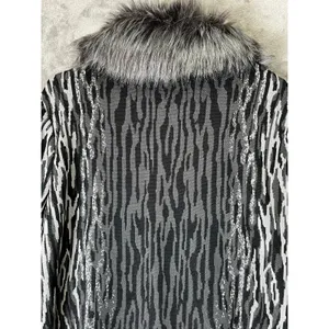 Ming Wang L Black Gray Animal Print Faux Fur Collar Statement Jacket Y2K Baddie thumbnail 4
