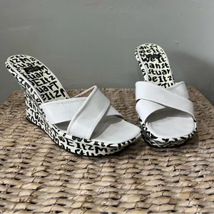 Stuart Weitzman New Black & White Leather‎ Graffiti Print Logo Sandal Wedge 9.5 thumbnail 2