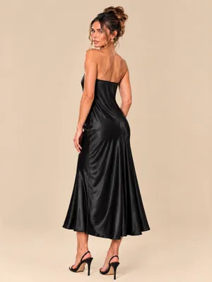 Renee C. Black Draped Satin Strapless Flowy Midi Dress Elegant Size Small Party thumbnail 4
