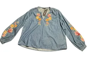 Driftwood Jeans Chambray Top Embroidered Long Sleve floral denim blue Portofino thumbnail 1