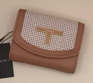 Tahari Zane Women Tan Pebble Faux Leather Woven‎ Trifold Wallet Terracotta NWT thumbnail 1
