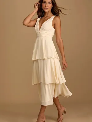 NWT Lulu's Celebration Time Sleeveless Tiered Midi Dress‎ in Cream Size Large thumbnail 9