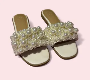 a new day Pearl-Embellished Cream Slide Sandals thumbnail 1