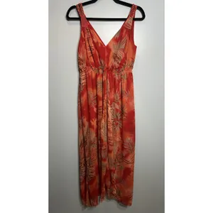LINEA DOMANI Dress Orange-Red Hawaiian Resort Maxi V-neck Sleeveless Size 10 thumbnail 2