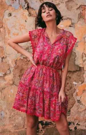 Sunrise by The Kooples Reef Paisley Print‎ Silk Chiffon Mini Dress Pink Size 2 thumbnail 1