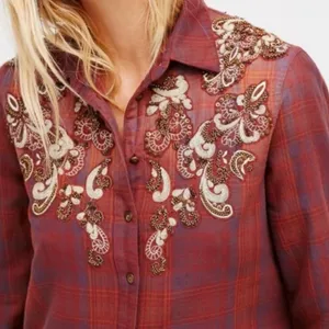 NWOT Free People Embroidered Plaid Tunic Shirt Boho Medium thumbnail 2