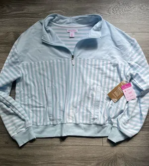 NEW Tommy Bahama Blue White Striped Cotton Blend Lightweight Quarter Zip Size XL thumbnail 1