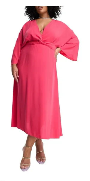 ASOS DESIGN Curve Batwing Twist Front Midi Skater Dress‎ In Raspberry Size 14 thumbnail 1