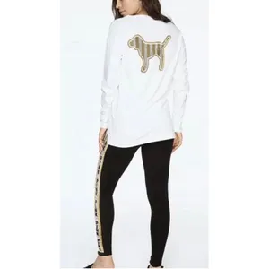PINK - Victoria's Secret Gold Sequin Dog Campus Oversized‎ Tee Women XS White Black thumbnail 2
