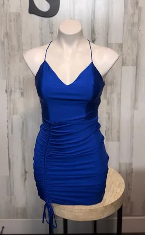 B. Darlin Royal Blue Ruched Side Drawstring Mini Dress Womens Size Small Open Ba thumbnail 1