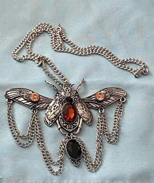22” Necklace Silver Tone Beetle Pendant 4.5”W Stones Steampunk Goth Gothic thumbnail 1
