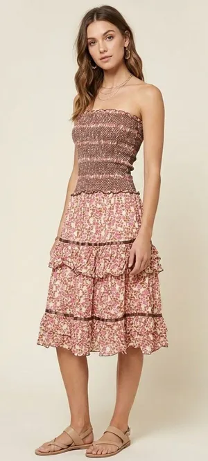 Vintage Free People Y2K Floral Smocked Tiered Midi Dress S Boho Cottagecore thumbnail 1