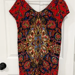 Maeve Red Multicolor Boho Festival Sheath Mini Small Dress V-Neck Short Sleeve thumbnail 8