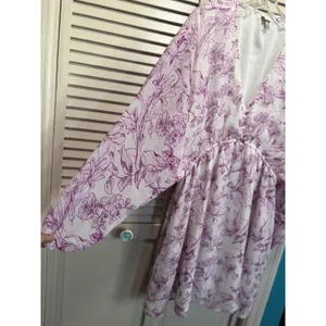 A New Day‎ Chiffon Floral Short Dress Size L Long Sleeve Lined Ruffle Purple/Wh thumbnail 3