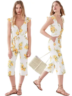 For Love & Lemons Limonada Tie-Front Jumpsuit Women's Medium White Lemon Print thumbnail 3