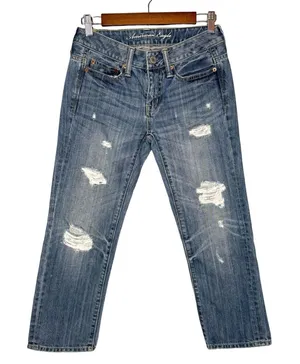 Y2K American Eagle 00 Boy Fit Cropped Low Rise Jeans Blue Distressed Denim Capri thumbnail 1