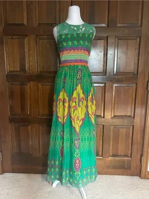 Hemant & Nandita Mintzita Green Silk Embroidered Maxi Dress Size 0 Sleeveless thumbnail 2