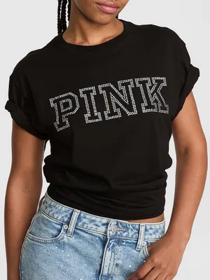 PINK Victoria's Secret Pure Black Bling Diamanté Logo Campus Short Sleeve Tee L thumbnail 5
