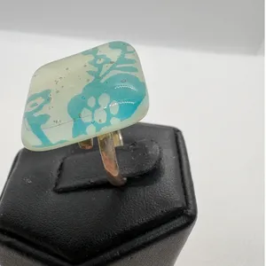 Vintage 925 Sterling Silver Art Glass Square Floral Adjustable Ring Size 6 Aqua thumbnail 3