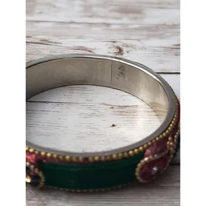 Vintage Bracelet / Bangle Red & Green Gold Tone Edging 2.25" Inside Width Small thumbnail 4