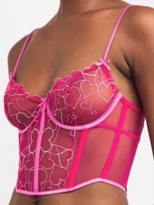 NWT SKIMS Embroidered Tulle Corset Top Size Small Hearts Pink Punch thumbnail 1