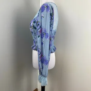 Free People Daphne Sliver Blue Floral Boho Smocked Lace Blouse Medium NWT $128 thumbnail 9