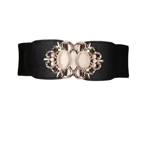 Golden Double Buckle Black Waspie Belt Stretchy Elastic Accentuating‎ Waist Band thumbnail 8